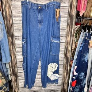 UpCycled Recycled Reworked Repurposed Handmade Wide Cargo Leg Denim Jeans 12